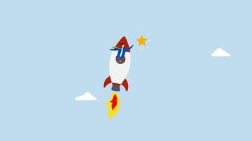 Innovation to help or support work success, 4k animation of Entrepreneur speeding swiftly on a rocket to reach a golden star. video