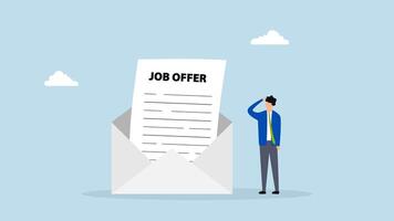 Job offer, 4k animation of entrepreneur applicant considering to accept employment proposal email envelope. video