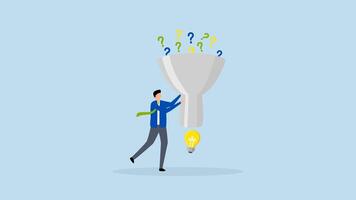 Solving problem, 4k animation of intelligent entrepreneur utilizing funnel to derive answers from a question mark. video