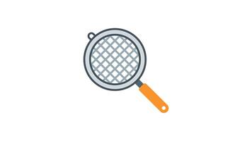 Animated skimmer with orange handle and gray mesh suitable for kitchenware or seafood industry designs. Culinary tools concepts and seafood menus. video