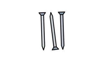 Animated three metal nails with different heads, ideal for construction, carpentry, hardware, and industrial themed designs or projects. Versatile and realistic video