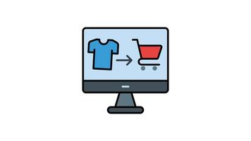 Animated icon of an online shopping checkout process showing a shirt moving into a cart on a computer screen, symbolizing e-commerce and digital transactions video