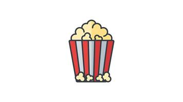 Animated popcorn bucket with red stripes filled with white and yellow popcorn, suitable for movie theater promotions or snack advertisements. Vibrant and appetizing video