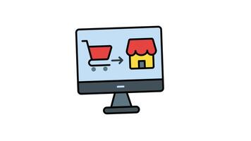 Animated computer screen with shopping cart icon pointing to storefront. Ecommerce website design, online shopping concept, digital marketing strategy video
