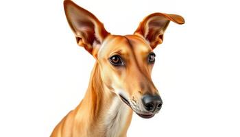 Portrait of a Reddish Brown Hound Dog Against a White Background photo