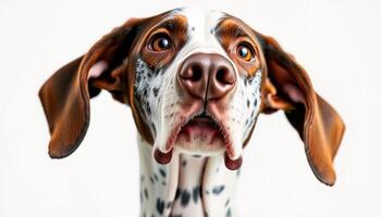 Close Up Portrait of a Brown and White Spotted Dog Against a White Background photo