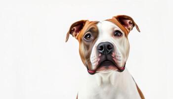a brown and white dog is looking up photo