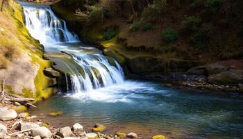 Serene Waterfall Cascading Over Mossy Rocks in a Lush Forest photo