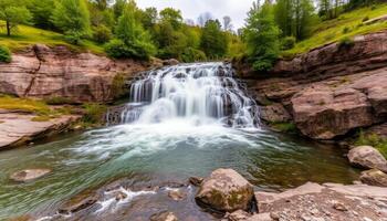 Serene Waterfall Cascading Over Red Rocks in Lush Green Valley photo