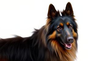 Black And Tan Long Haired Dog Portrait Against White Background photo