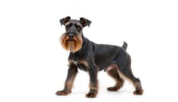 a miniature schnauzer dog standing on a white background photo