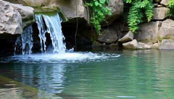 Small Waterfall cascading into a Calm Pond Surrounded by Lush Greenery photo