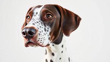 a dalmatian dog is looking up at the camera photo