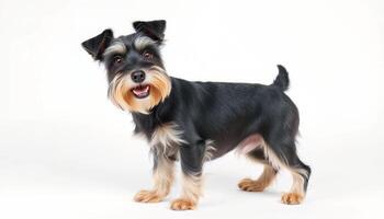 Portrait of a Happy Black Miniature Schnauzer Dog on White Background photo