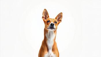 Portrait of a Small Brown and White Dog Against a White Background photo
