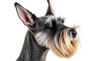 Portrait of a Miniature Schnauzer Dog Against a White Background photo