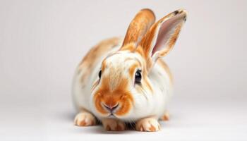 Adorable White and Brown Spotted Rabbit Closeup Portrait Against a Light Grey Background photo