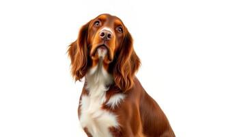 Liver And White Spaniel Dog Portrait Against White Background photo
