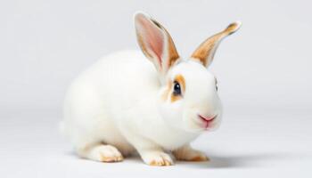Adorable White Rabbit with Brown Ears Sitting on White Background photo