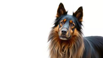 Portrait of a Longhaired Black and Tan Dog Against a White Background photo