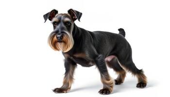 Portrait of a Black and Tan Miniature Schnauzer Dog Against White Background photo