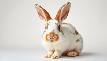 Adorable White and Brown Spotted Rabbit Sitting on White Background photo