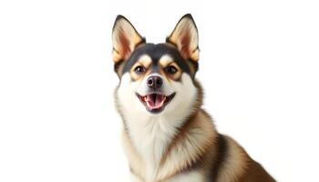 Portrait of a Happy Tricolor Dog Against a White Background photo