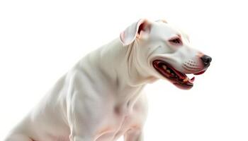Portrait of a White American Pit Bull Terrier Against a White Background photo