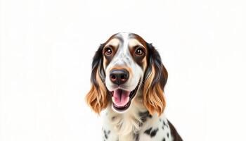 Happy Brown And White Spaniel Dog Portrait Against White Background photo