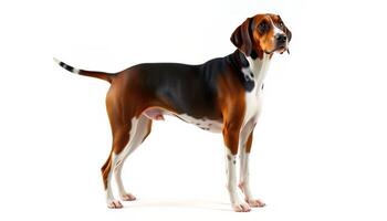 Tricolor Hound Dog Portrait Against White Background photo