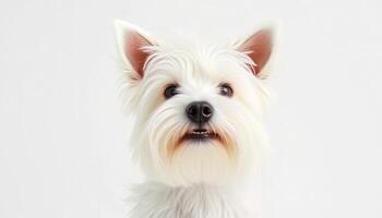 Close Up Portrait of a Fluffy White West Highland Terrier Puppy Against a White Background photo