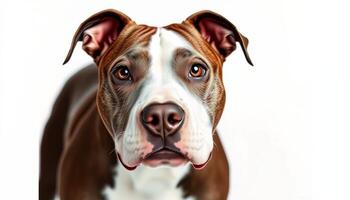 Closeup Portrait of a Brown and White Pit Bull Terrier Against a White Background photo