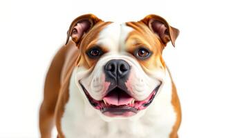 Portrait of a Happy Brown and White Bulldog Against a White Background photo