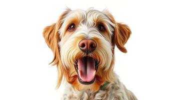 Happy Brown and White Fluffy Dog Portrait Against White Background photo