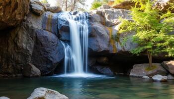 Serene Waterfall Cascading Over Dark Rocks Into Teal Pool photo