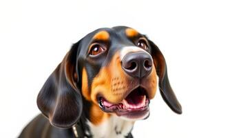 Closeup Portrait of a Black And Tan Hound Dog Against White Background photo