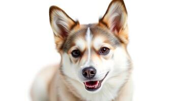 Portrait of a Happy Brown and White Mixed Breed Dog Against a White Background photo