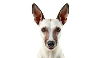 Portrait of a White and Brown Dog with Large Ears Against a White Background photo