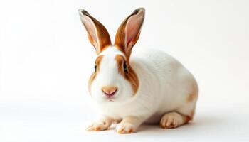 a white and brown rabbit sitting on a white background photo
