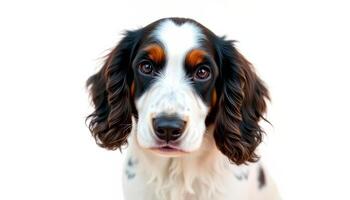 Closeup Portrait of a Tricolor Springer Spaniel Puppy Against White Background photo