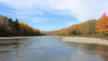 Autumn River Landscape with Colorful Trees and Rocky Banks photo