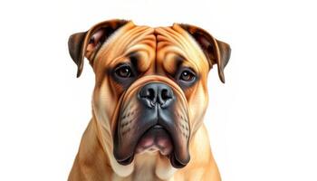 Closeup Portrait of a Brown Bulldog Against a White Background photo