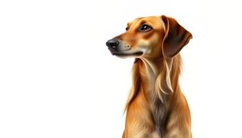 Portrait of a Reddish Brown Longhaired Hound Against a White Background photo
