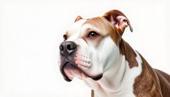 Closeup Portrait of a Brown and White Pitbull Dog Against a White Background photo