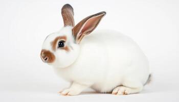 Adorable White and Brown Rabbit Sitting on White Background photo