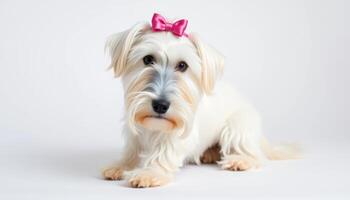 Adorable White Puppy with Pink Bow, Studio Portrait photo