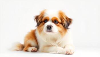 Adorable Fluffy Brown and White Puppy Lying Down on White Background photo