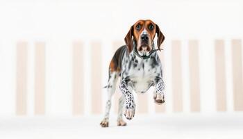 Brown And White Beagle Dog Running Towards Camera In Studio Setting photo