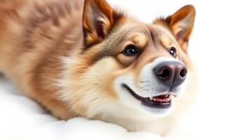 Adorable Brown And White Dog Lying In The Snow photo