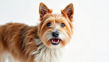 Adorable Brown Fluffy Dog Covered in Snow Against White Background photo